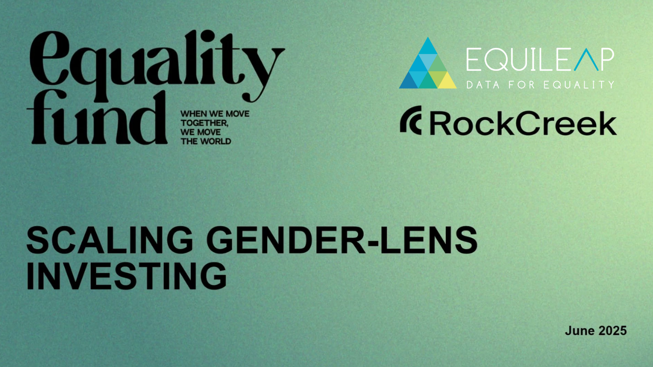 Equality Fund Panel Thumbnail. Green gradient background with the logos of Equality Fund, Equileap and RockCreek, alongside the title "Scaling Gender-Lens Investing" and the date June 2025.