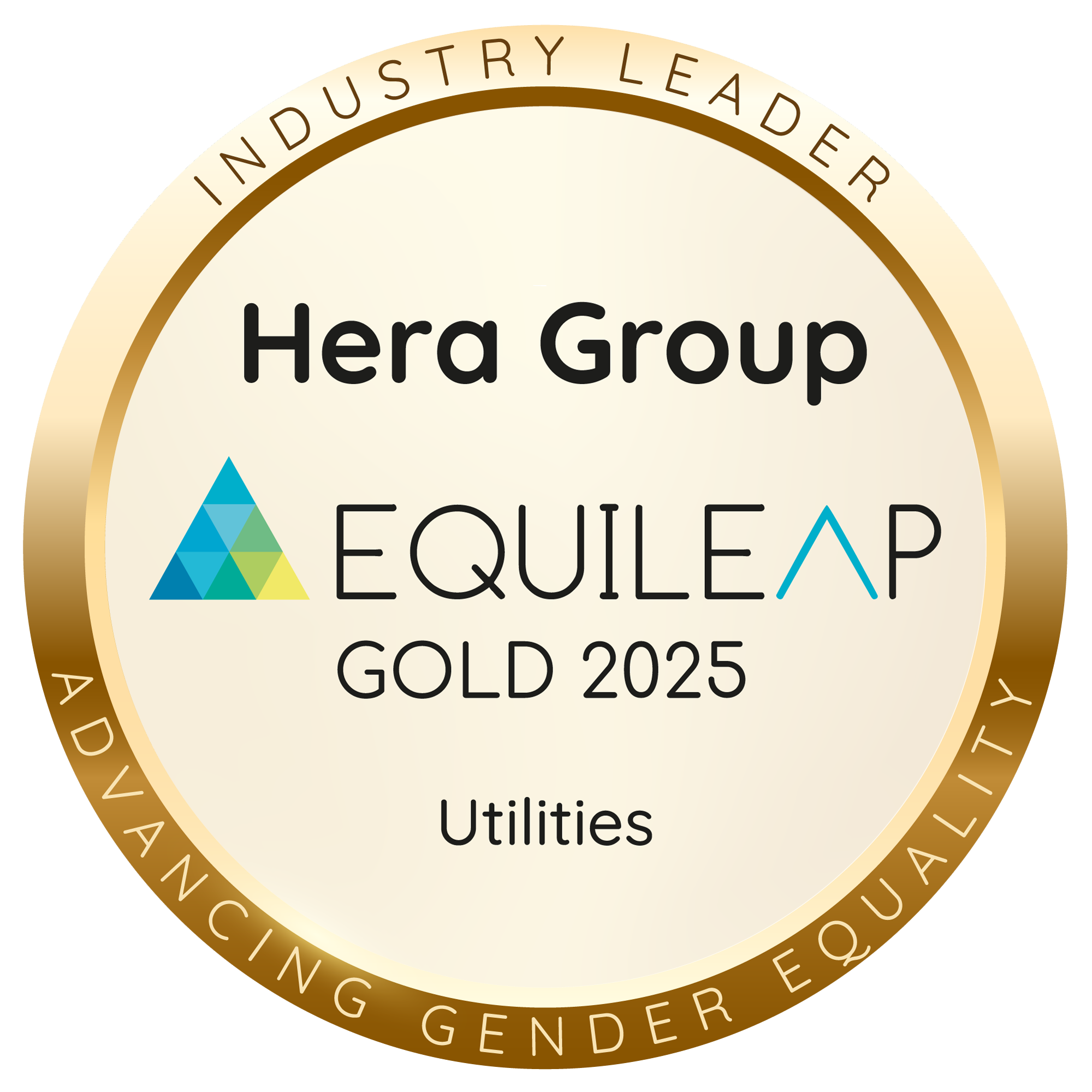 Image of Equileap's Gold Seal. A gold-edged circular badge labeled “INDUSTRY LEADER” across the top and “ADVANCING GENDER EQUALITY” across the bottom. In the center, it features the text “Hera Group” followed by the Equileap logo and the text “GOLD 2025”. Below that, the industry category “Utilities” is listed.
