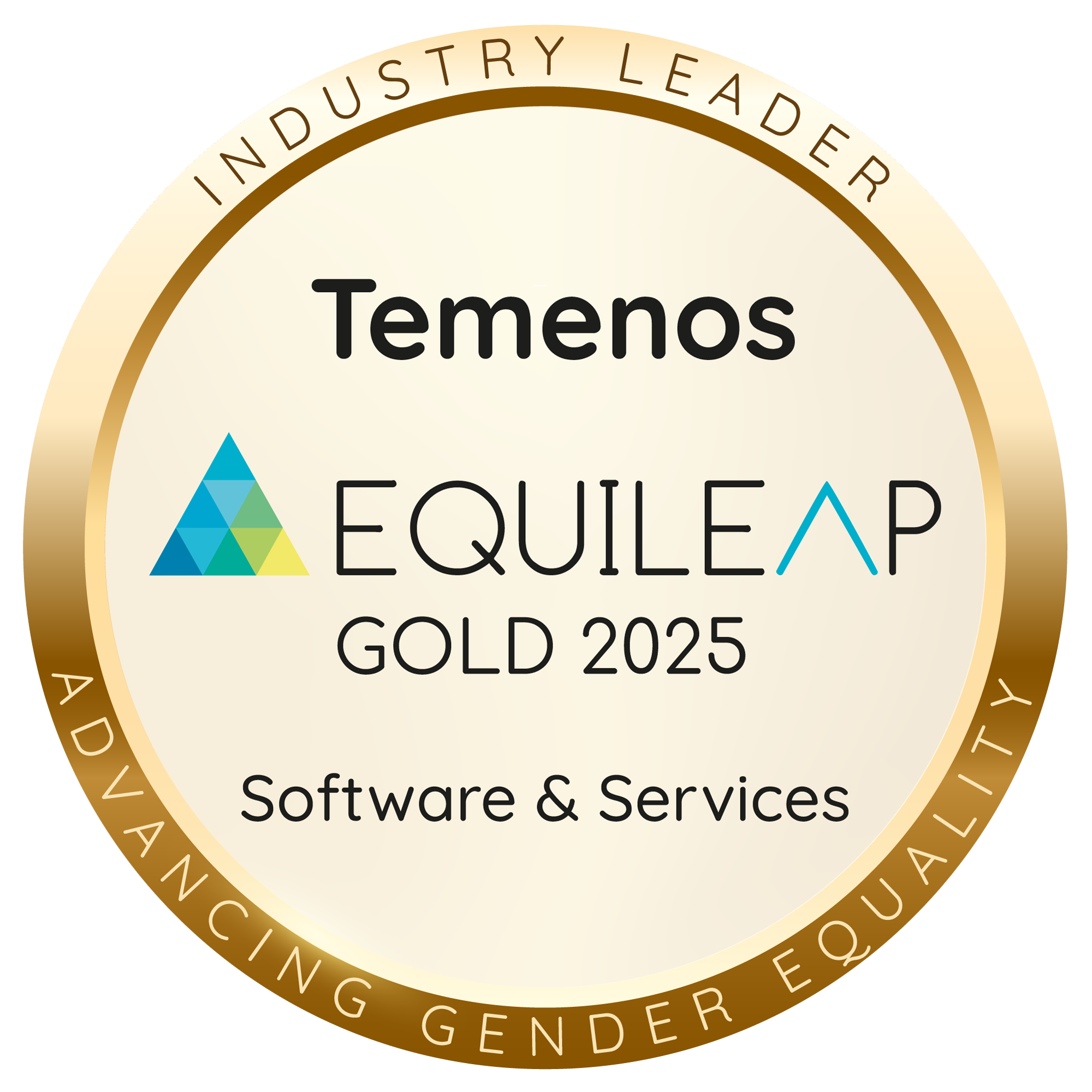 Equileap Gold Seal 2025 awarded to Temenos in the Software & Services sector. The circular badge features a gold border with the text 'Advancing Gender Equality' and 'Industry Leader'. Inside, 'Temenos' appears above the Equileap logo and the designation 'Gold 2025' and industry 'Software & Services'.